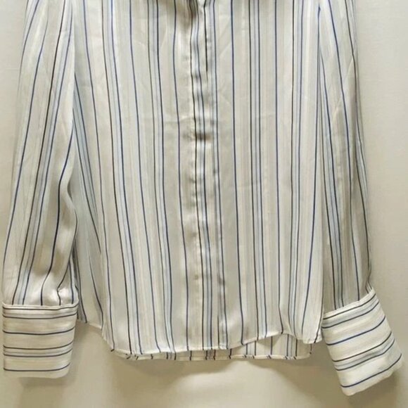 White House Black Market Blouse Women's Small Blue Metallic Stripe Semi Sheer - Picture 3 of 13